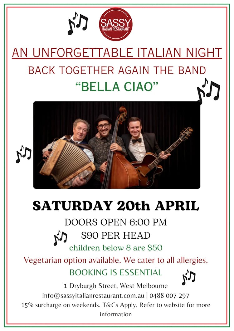Bella Ciao ~ Dance To The Sound Of Italy | Happy Hour Drinks & Specials