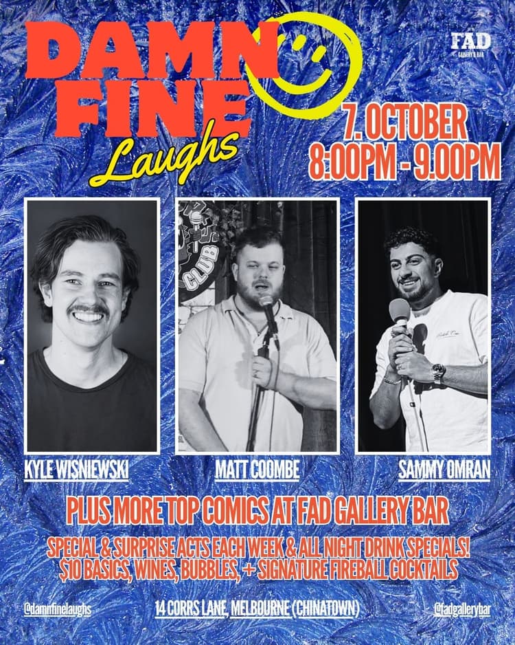 FREE COMEDY NIGHT Wednesday 7th of Oct "Damn Fine Laughs" at FAD Gallery Bar | Happy Hour Drinks & Specials